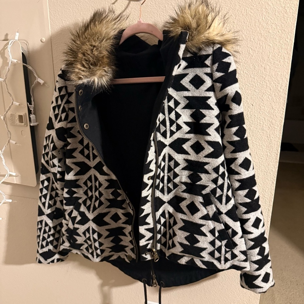 BB Dakota Reversible Geometric Black and White Bomber Jacket with Faux Fur